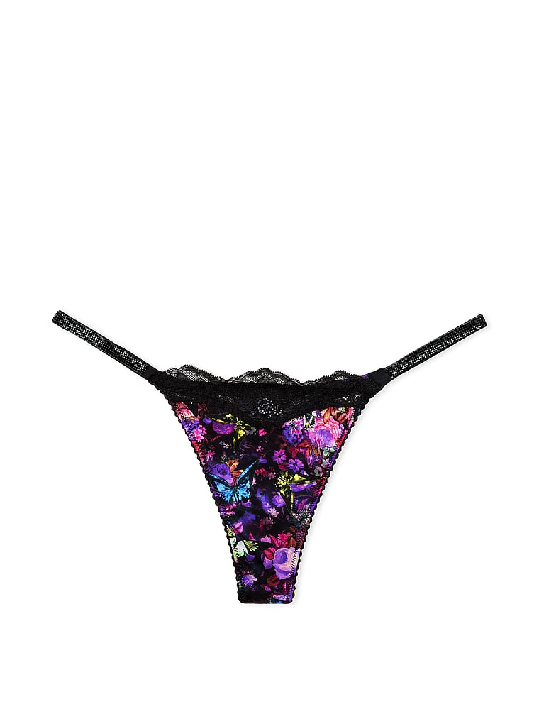 Victoria's Secret, Very Sexy Smooth Lace Shine Strap Thong Panty, Moody Floral, offModelFront, 4 of 5