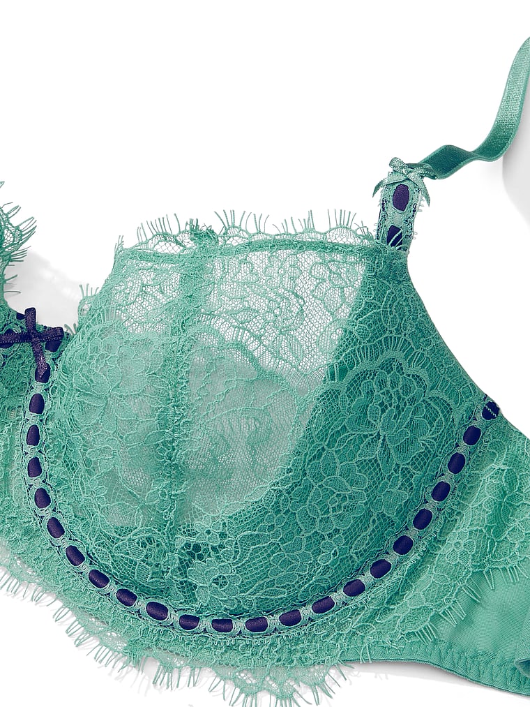 Victoria's Secret, Dream Angels Wicked Unlined Ribbon Slot Lace Balconette Bra, Parasail Teal, detail, 5 of 5