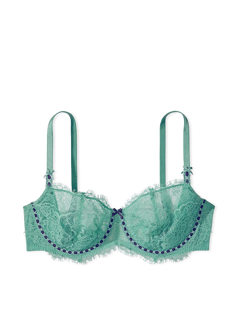 Victoria's Secret, Dream Angels Wicked Unlined Ribbon Slot Lace Balconette Bra, Parasail Teal, offModelFront, 4 of 5
