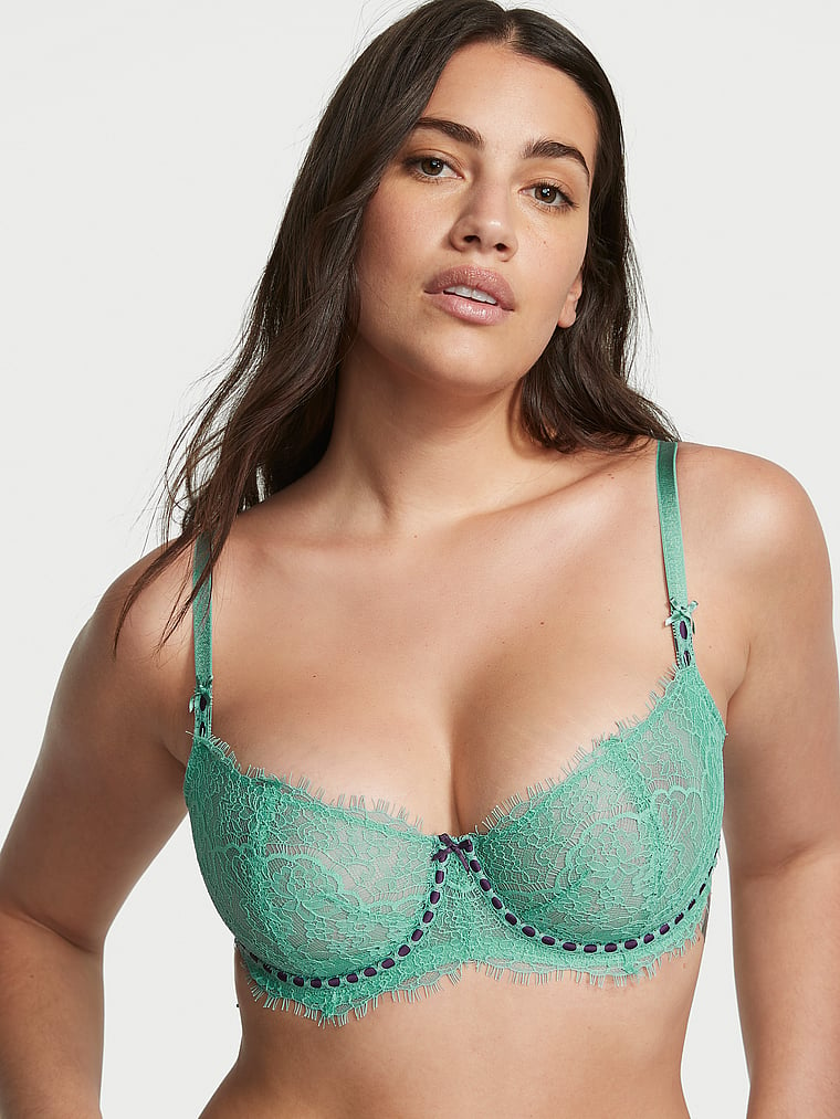 Victoria's Secret, Dream Angels Wicked Unlined Ribbon Slot Lace Balconette Bra, Parasail Teal, onModelFront, 1 of 5 Lorena is 5'9" and wears 34DD (E) or Large
