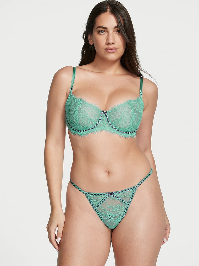 Victoria's Secret, Dream Angels Wicked Unlined Ribbon Slot Lace Balconette Bra, Parasail Teal, onModelSide, 3 of 5 Lorena is 5'9" and wears 34DD (E) or Large
