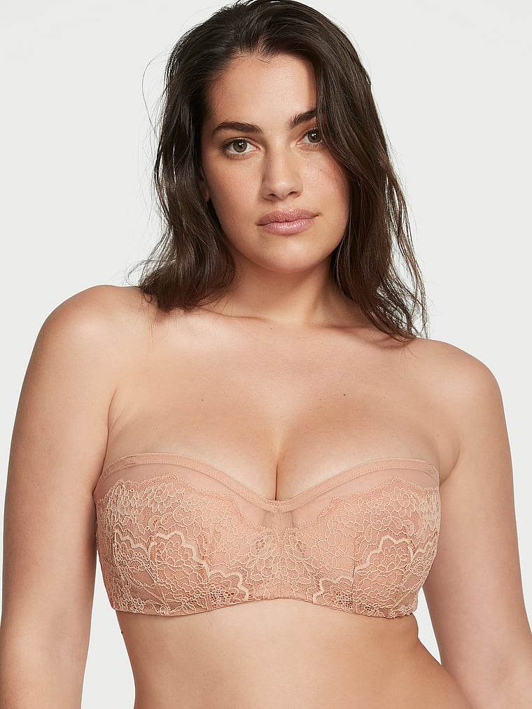 Victoria's Secret, Dream Angels Lace Strapless Minimizer Bra, Praline, onModelFront, 1 of 4 Grace is 5'10" and wears 32B or Small
