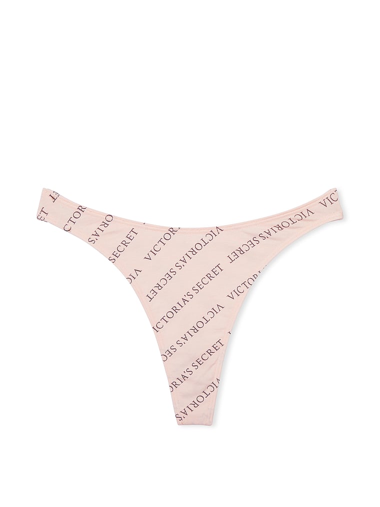 Victoria's Secret, Victoria's Secret Stretch Cotton High-Leg Scoop Thong Panty, Purest Pink Logo, offModelFront, 3 of 3
