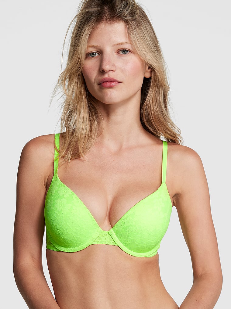 PINK Wear Everywhere Wear Everywhere Push-Up Bra, Pop Lime, onModelFront, 1 of 5 Emily  is 5'7" or 170cm and wears 32B or Small