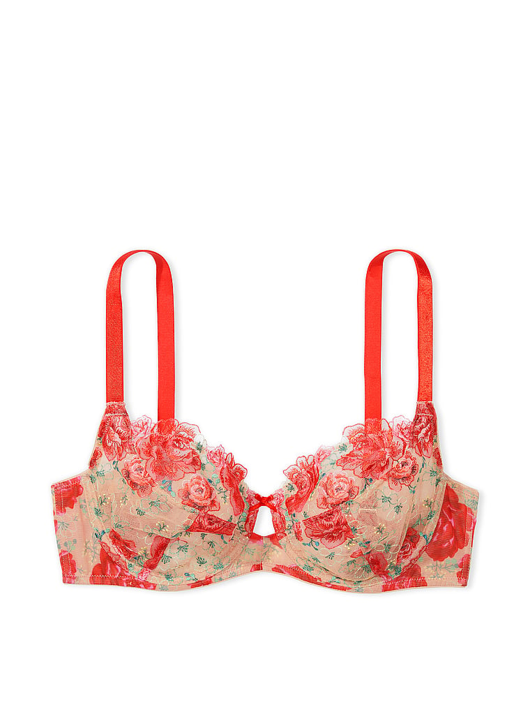 Victoria's Secret, Dream Angels Wicked Unlined Floral Embroidery Full-Cup Bra, Tomato Embroidery, offModelFront, 2 of 3