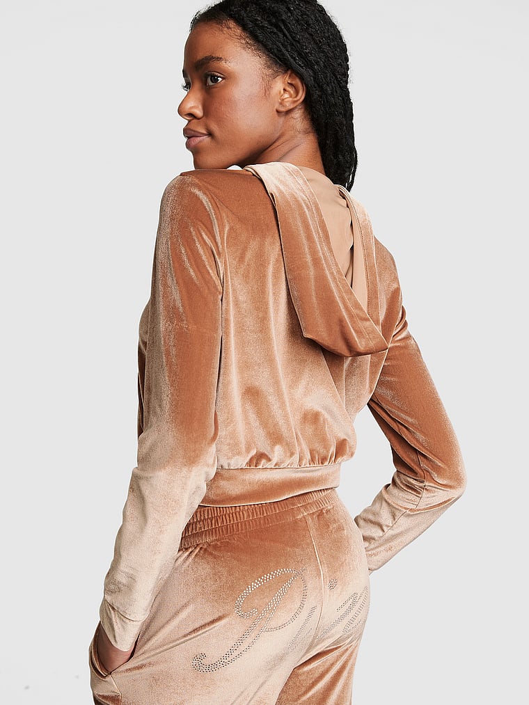 PINK Velour Shine Logo Full-Zip Crop Hoodie, Caramel Kiss, onModelBack, 2 of 5 Julia is 5'11" or 180cm and wears Small