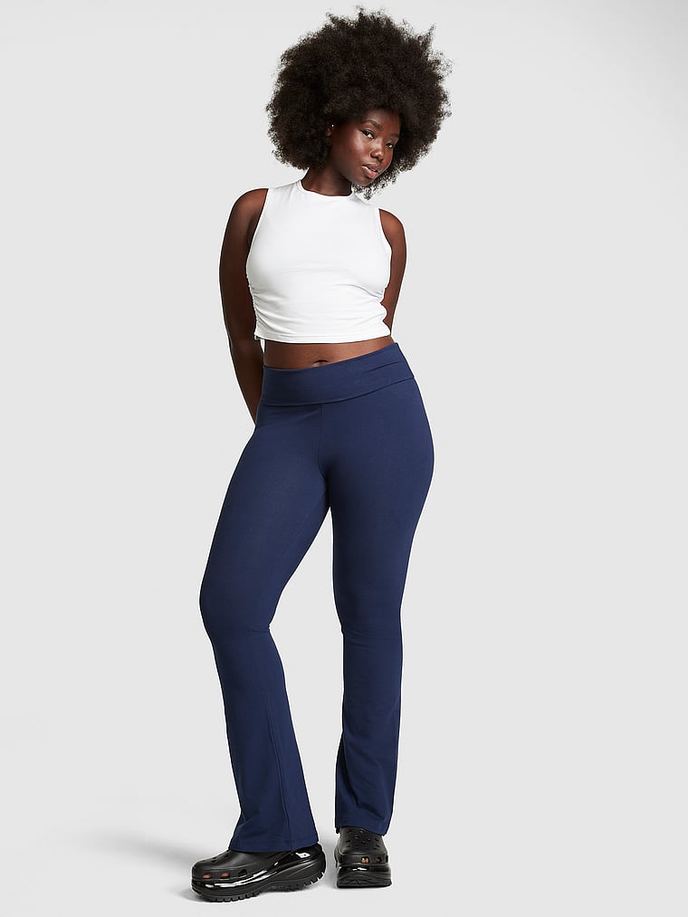 PINK Cotton Foldover Flare Leggings, Midnight Navy, onModelFront, 1 of 3 Fanta is 5'11" and wears Medium