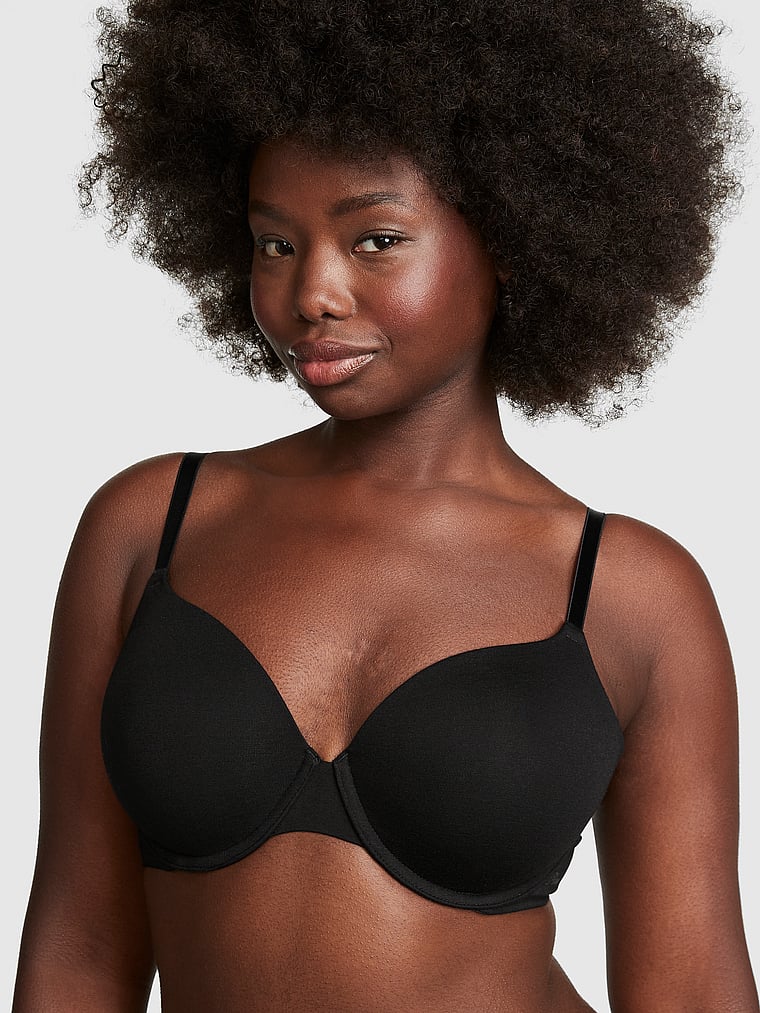 PINK Wear Everywhere Wear Everywhere Lightly Lined T-Shirt Bra, Pure Black, onModelFront, 1 of 4 Fanta is 5'11" or 180cm and wears 34D or Medium
