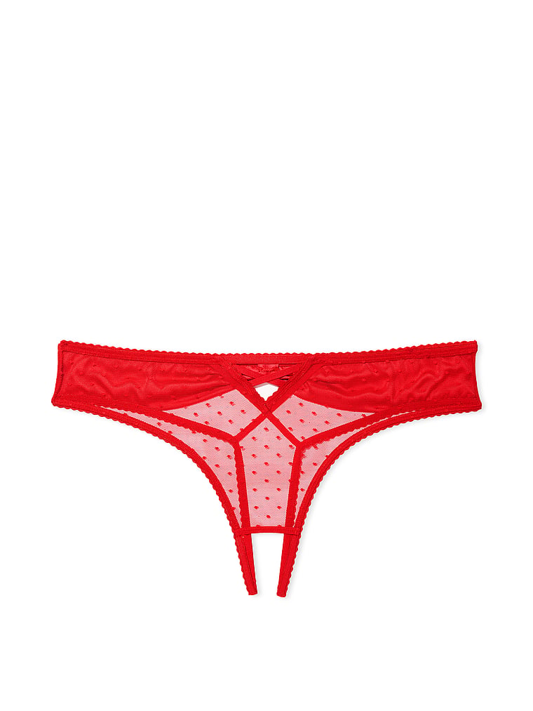 Victoria's Secret, Very Sexy Crotchless Lace-Up Bow-Back Thong Panty, Lipstick, offModelFront, 4 of 5