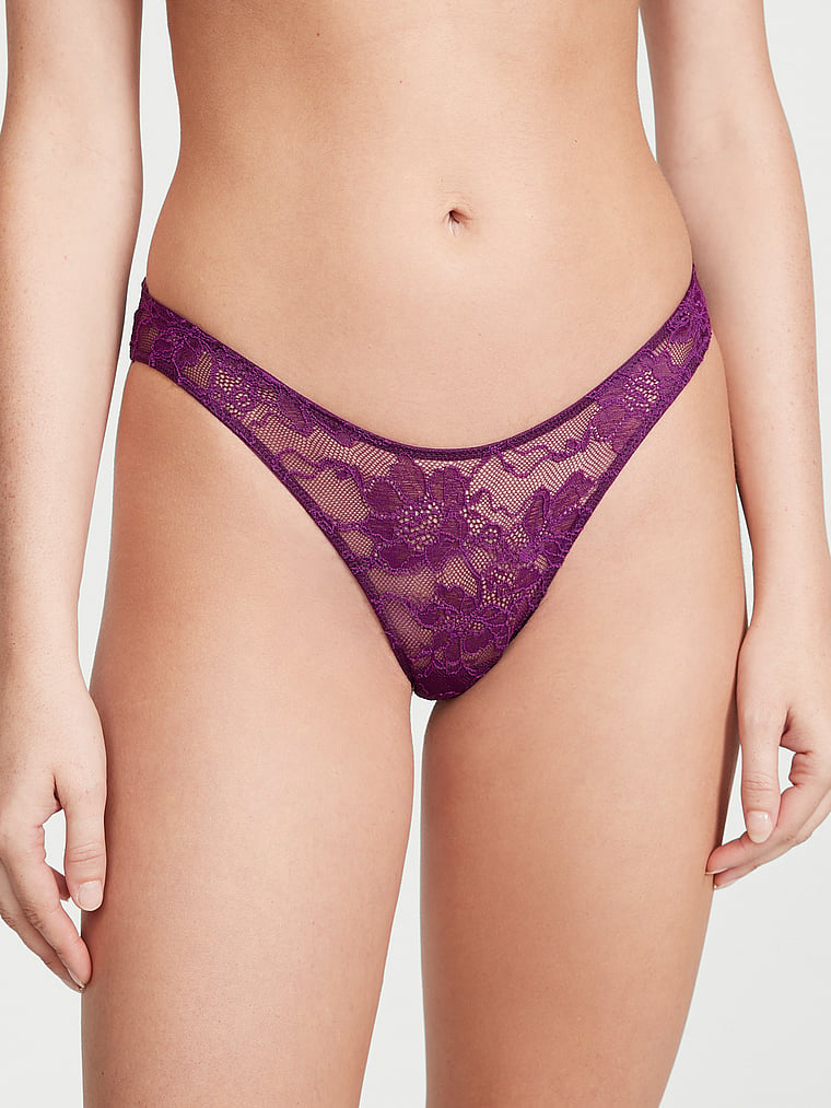 Victoria's Secret, Very Sexy Shine Strap Cut-Out Back Lace Brazilian Panty, Grape Soda, onModelFront, 1 of 4 Rebecca is 5'9" and wears Small
