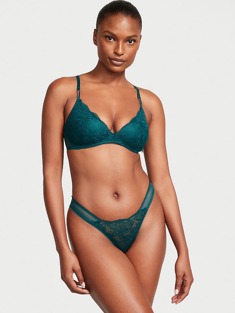 Victoria's Secret, The Lacie Lace-Front Brazilian Panty, Green, onModelSide, 1 of 4 Tsheca  is 5'9" and wears Small