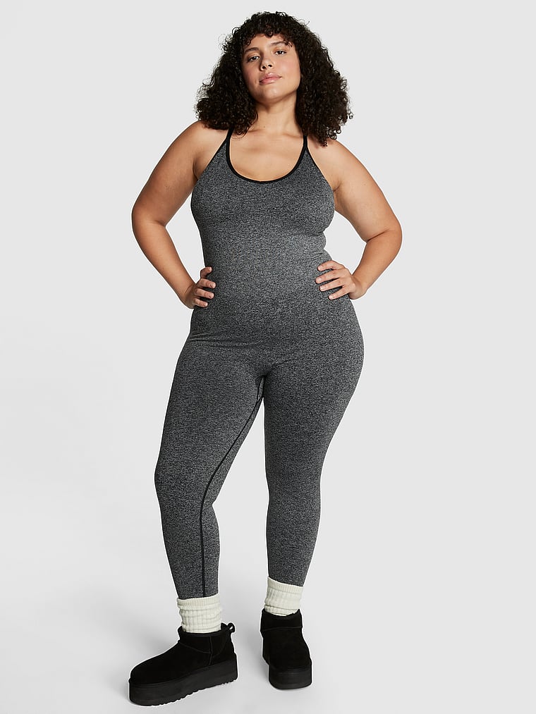 PINK Seamless Workout Onesie, Pure Black Marl, onModelFront, 1 of 3 Diana is 5'8" and wears Extra Extra Large