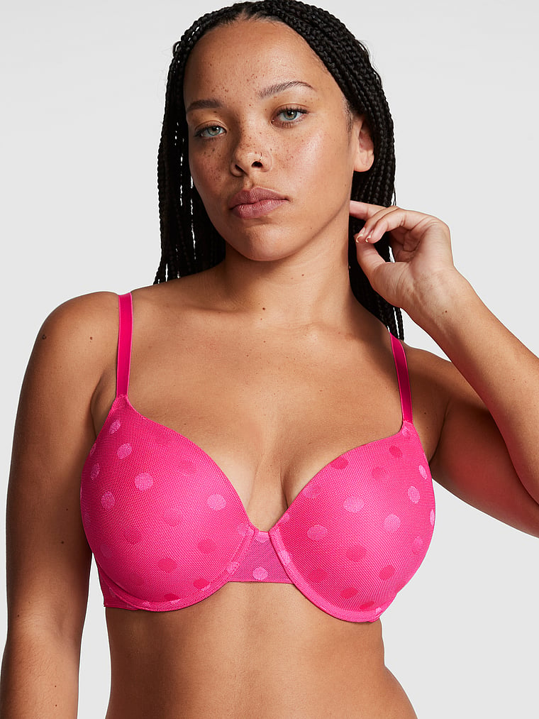 PINK Wear Everywhere Wear Everywhere Lightly Lined T-Shirt Bra, Enchanted Pink, onModelFront, 1 of 5 Eden is 5'8" or 173cm and wears 34DD (E) or Large