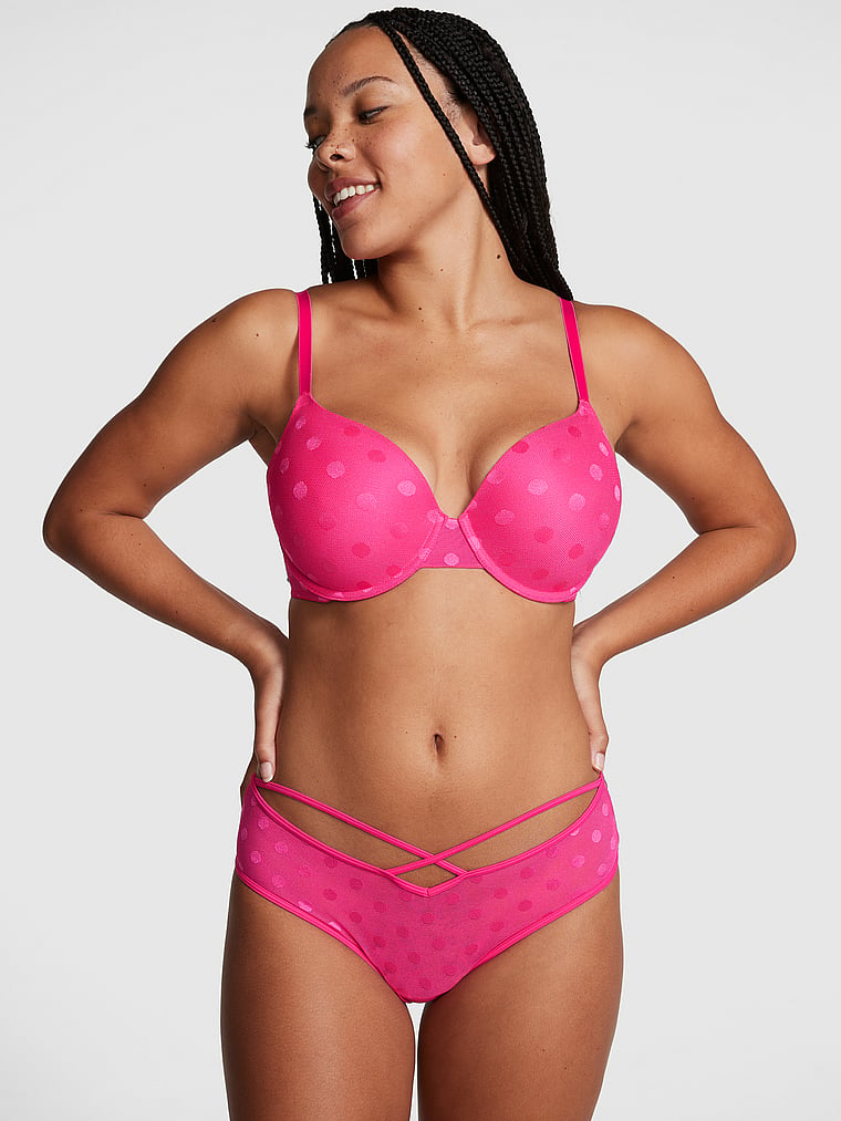 PINK Wear Everywhere Wear Everywhere Lightly Lined T-Shirt Bra, Enchanted Pink, onModelSide, 3 of 5 Eden is 5'8" or 173cm and wears 34DD (E) or Large