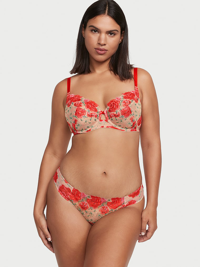 Victoria's Secret, Dream Angels Wicked Unlined Floral Embroidery Full-Cup Bra, Tomato Embroidery, onModelSide, 1 of 3 Luisa Angelica  is 5'10" and wears 36D or Large